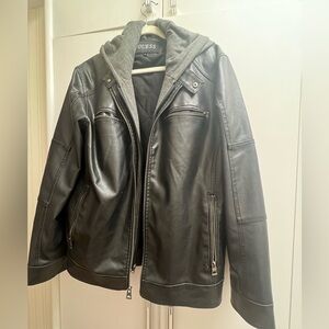 GUESS Black Leather Bomber Jacket with Gray Hood